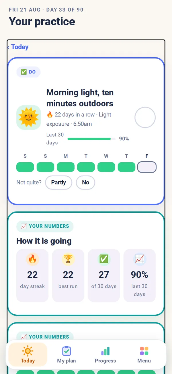 Example screen, the page for Morning light, ten minutes outdoors: 22 days in a row, 90 per cent over the last 30 days, the days of the week and how it is going.