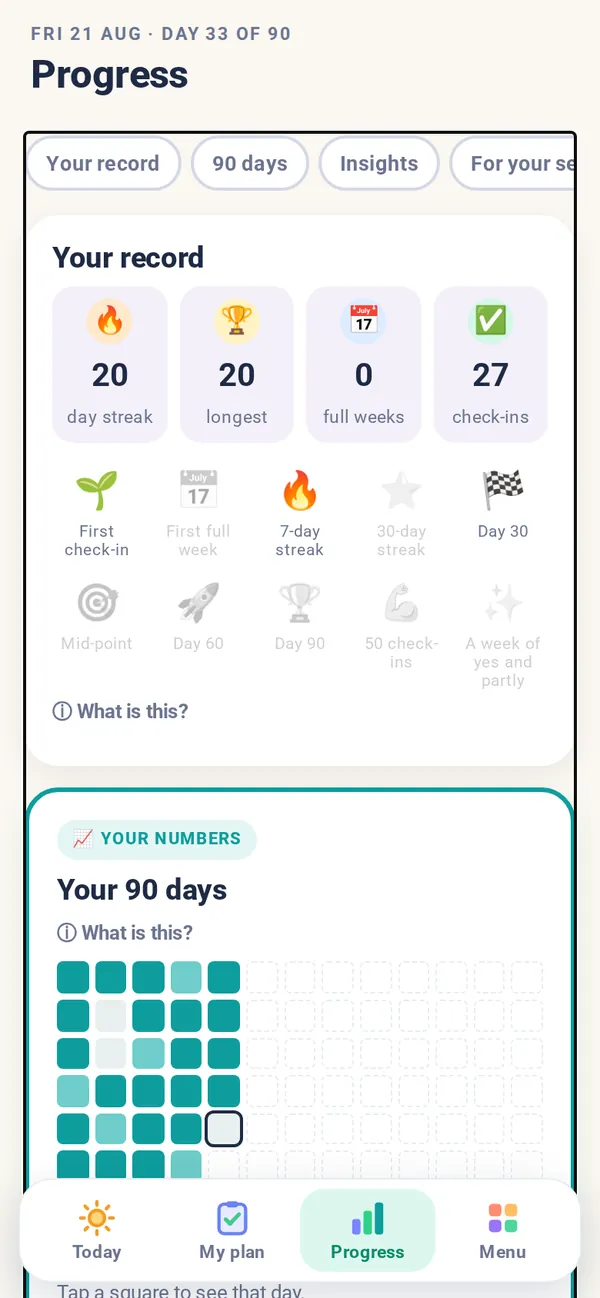 Example screen, Progress: a 20-day streak, a longest run of 20, 27 check-ins, the badges earned so far, and the start of the 90-day grid.