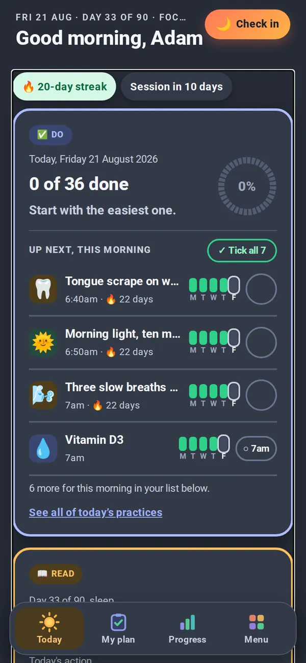 Example screen, Today in dark mode.